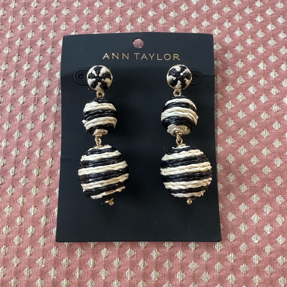 NWT Ann Taylor Black & White Stripe Raffia Ball Drop Earrings